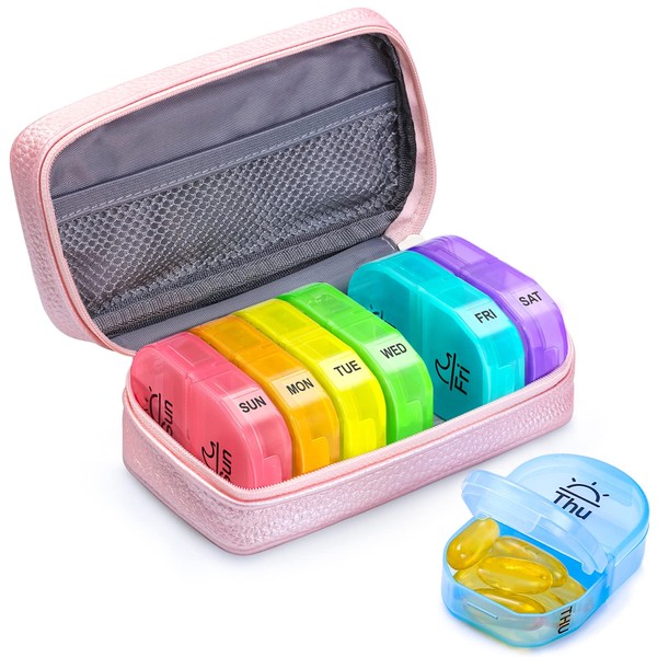 AUVON Pink PU Leather Bag Pill Boxes 7 Day 2 Times a Day, Large AM/PM Pill Box Organiser with Portable Zipper Leather Bag for Holding Supplements, Vitamins and Fish Oils