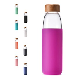 Veegoal 18 Oz Borosilicate Glass Water Bottles with Bamboo Lid, BPA-Free Non-Slip Silicone Sleeve, and Bonus Stainless Steel Leak Proof Lid- Reusable Water Bottles for Women and Men