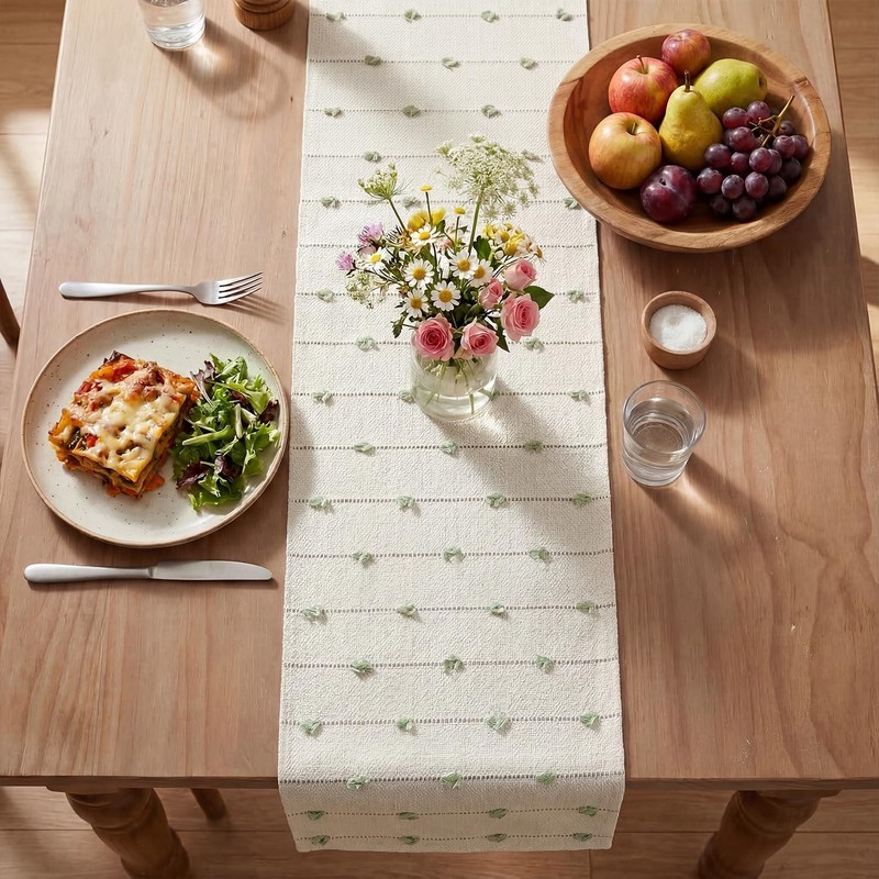 Artoid Mode Sage Green Boho Farmhouse Cotton Woven Table Runner,