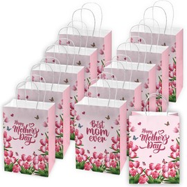 Ticuenicoa Mother's Day Gift Bags 16 Pack - Pink Tulip Gift Bags with Handles, Premium Party Favor Bags for Women, Floral Decorative Bag (3.2x8.2x5.9 Inch)