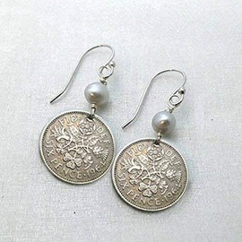 Sixpence Coin Earrings. Vintage Sixpence earrings. Lucky sixpence jewelry. Various years