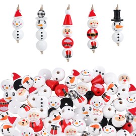 Wlicon 132 PCS Christmas Snowman Wooden Bead Decor Winter Snowman Wood Beads Snowmen Faces Wooden Beads with Hemp Rope for Hanging Ornaments Xmas Tree Garland Party Home DIY Crafts