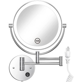 Gospire 8.5" Wall Mounted Lighted Magnifying Mirror, 1X/10X Double-Sided Magnification Round LED Cosmetic Vanity Bathroom Mirror Extendable Arm 360° Swivel for Shaving Makeup