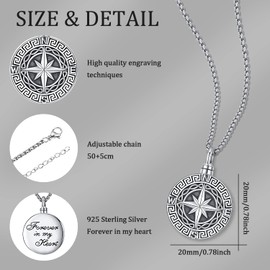 Compass Chain 925 Sterling Silver Compass Pendant Necklace Men Women Chain Amulet Jewellery Gifts Friends Anniversary Graduation, Sterling Silver, No Gemstone