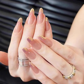 24Pcs Medium Press on Nails Almond Fake Nails with Designs French tip Stick on Nails Full Cover Gold Shine False Nails Reusable Glue on Nails Nude Glossy Acrylic Nails for Women Manicure Decorations