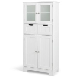 Giantex Floor Storage Cabinet, Freestanding Bathroom Cabinet with 2 Glass Doors, 2 Drawers & Adjustable Shelves, Multifunctional 50.5” Tall Storage Organizer Cupboard for Kitchen Living Room, White