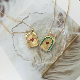 UniLogue Art Retro Tarot Card Square Card 14K Gold Plated Brass Necklace Sun Moon Eight-pointed Star Love Heart Clover Lucky Grass Mushroom Cartoon Chain (Blue Edge Red Heart)