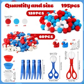 195Pcs 4th of July Patriotic Sensory Bin Filler Fine Motor Toys Counting Sorting 120Pcs Pom Pom 60Pcs Mini Resin Duck 9Pcs Sorting Cups 4Pcs Tweezers 2Pcs Scissors Clips for Preschool Early Education