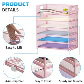 Marbrasse 2 Pack Desk Organizer with Handle, 6 Tier Paper Letter Tray, Mesh Desk File Organizer for Office, School and Home - Pink