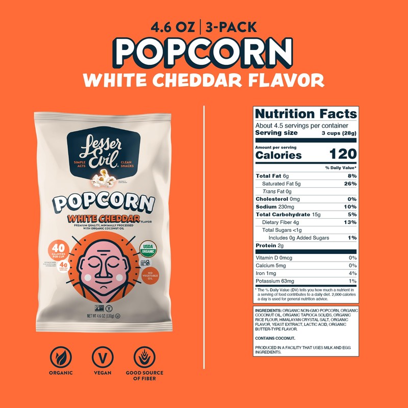LesserEvil No Cheese Cheesiness Organic Popcorn, Premium Quality, Minimally Processed,