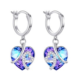 AOBOCO Hoop Dangle Earrings for Women 925 Sterling Silver Drop Earrings with Purple Heart Love Crystals Christmas or Birthday Birthstone Jewellery Gifts for Wife Girlfriend (Purple)