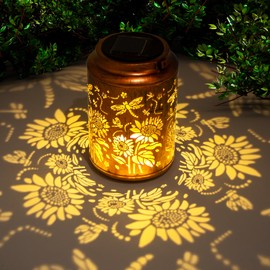 Sunflower Solar Lanterns Outdoor Dragonfly Garden Ornaments Birthday Gifts for Women Mom Grandma Unique，Metal Solar Decoration Outside for Yard, Patio, Backyard, Porch [Energy Class