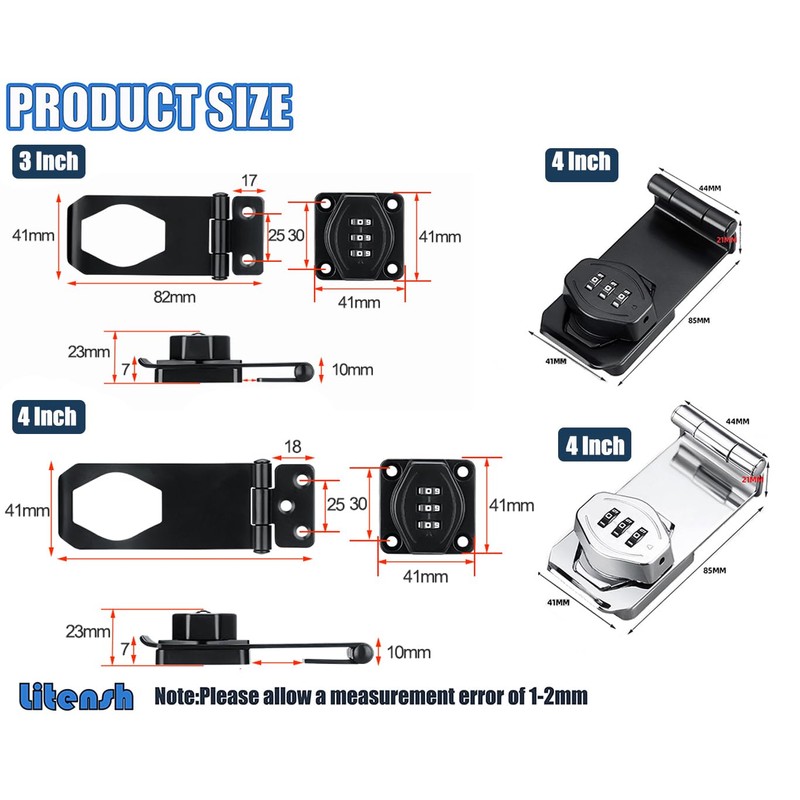 Litensh Household Cabinet Password Lock Hasp Locks Stainless Steel Combination