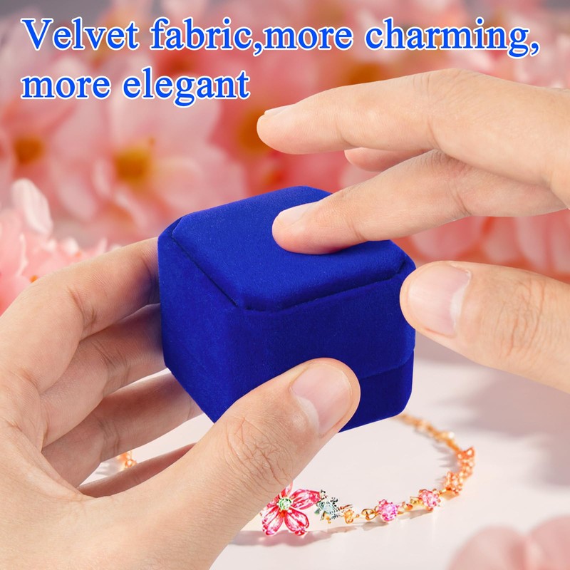 PUFEUOO Blue Velvet Ring Box, Square Engagement Ring Box, Small