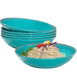 ZAROCRUS Farmhouse Melamine Pasta Bowls Set of 6, 42 OZ Shallow Bowls, Melamine Pasta Plates and Salad Bowls, Dishwasher Safe Serving Bowls,Snack bowls,Fruit Bowls, Teal…