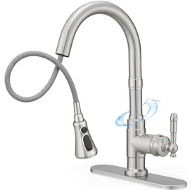 HOIGY Brushed Nickel 3-Function Pull-Down Sprayer Kitchen Faucets, 1 or 3 Hole High Arc Classic Single Handle Kitchen Sink Faucet with Deck Plate, for Farmhouse Camper RV Laundry Utility Room