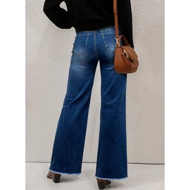 Sidefeel Women's High Waisted Mom Jeans Stretchy Raw Hem Straight Leg Denim Pants Size 14 Dark Blue