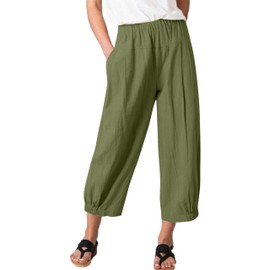 Zontroldy Linen Capri Pants for Women High Waisted Wide Leg Yoga Capris Crop Pants Sweatpants with Pockets(0768-ArmyGreen-S)
