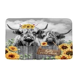 Funny Highland Cow Bath Mat Rustic Sunflower Cute Cattle Bull Farm Western Animal Farmhouse Country Floral Bathroom Microfiber Memory Foam Bathroom Rug Doormat Kitchen Toilet Floor Rug