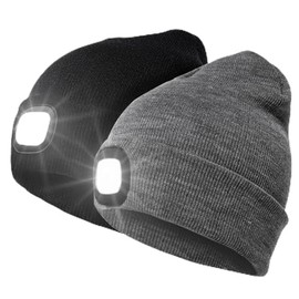 INHDBOX LED Hat Cap, Knitted Hat with USB Rechargeable Light, Lighting and Flashing Warning Types 8 LEDs, Easy Installation Front Rear Headlight Hat, Unisex Winter Warmer Knitted Cap, 2 x black and
