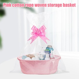 Hojalis Gift Basket, Woven Rope Basket with Cellophane Bags & Pull Bows, Woven Storage Baskets with Handles, Empty Hamper Baskets for Baby Shower, Wedding, Birthday, Easter, Christmas(Pink)