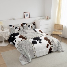 jejeloiu Kids Cow Fur Printed Comforter Set Cowhide Pattern Bedding Set Farmhouse Comforter Western Farm Animal Skin Plaid White Duvet Set Bedroom 3Pcs with 2 Pillow Case Full Size