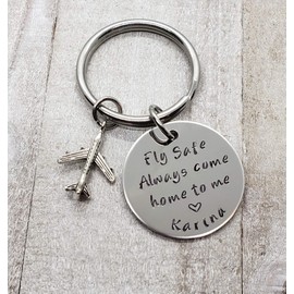 Fly Safe Key Chain with Airplane, Always Come Home to Me, Handstamp, Pilot Gift, Captain Be Safe Gift