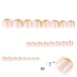 Gold 3D French Tip Toe Press on Nails Short Square Artificial Toe Nails Glossy Fake Toenails Full Cover False Toenails for Women