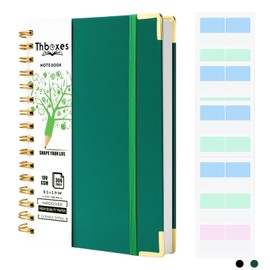 Thboxes A5 Notebook Lined, 300 Pages A5 Notepad Spiral Notebook, 100GSM Thick Paper Hardback Notebook for Women Men Office School, 24 Labels, 15 X 21.5 cm, Dark Green