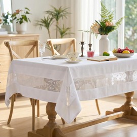youngseahome Polyester Fabric Tablecloth with Exquisite Embroidery Sheer Border-Waterproof/Wrinkle Resistant-for Dining,Indoor&Outdoor,Wedding,Holiday,White,Rectangle 60x84Inch