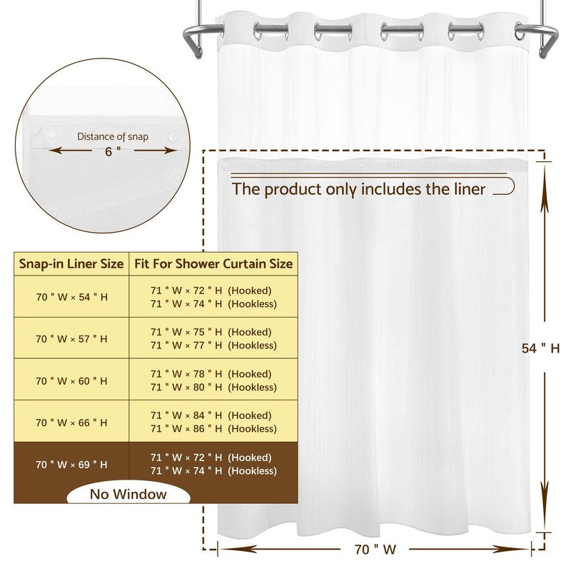 Barossa Design Fabric Snap-in Shower Curtain Liner Replacement, Removable &