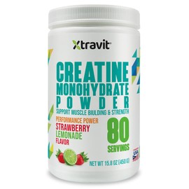 Xtravit Creatine Monohydrate Powder Supplements – Strawberry Lemonade Flavored Drink Mix for Men & Women - Support Muscle Gains & Strength - Pure Filler & GMO Free Supplement, 5000mg, 15.8 oz