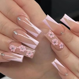 ANDGING French Tip Press on Nails Pink Square Medium Long Fake Nails Glue on Nails with Floral Rhinestone Design Acrylic Women False Nails with Glue 24Pcs Gel Stick on Nail for Wedding Birthday AL68U