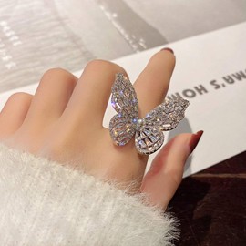 Aimimier Cubic Zirconia Butterfly Ring Sparkling Crystal Bow-Knot Knuckle Ring Wedding Jewelry for Women and Girls (Silver)