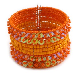 Avalaya Bohemian Wide Beaded Cuff Bangle with Sequin (Pumpkin Orange) - Adjustable