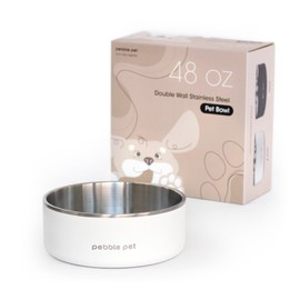 PEBBLE PET Stainless Steel Food and Water Dog Bowl, Anti-Slip Insulated Metal Pet Bowl for Small Medium Large Dogs and Cats, Durable, Dishwasher Safe, Spill Proof，Heavy Duty，BPA Free (48 oz, White)