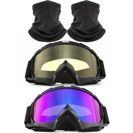 immoono 2Pcs Motocross Goggles with Neck Gaiter Dirt Bike ATV Racing Ski Motorcycle Goggles Cycling Glasses for Outdoor Sport, Black Frame Colorful-Amber Lenses