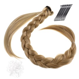 FRCOLOR 1Set Long Braided Ponytail Extension with Hair Tie Synthetic Hairpiece for Women of White Rubber Bands Black Hair Clips Versatile for Daily Use Parties Cosplay and More