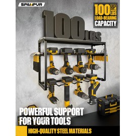 Spampur Power Tool Organizer, 8 Drill Holders Wall Mount, 3 Layer Heavy Duty Metal Storage for Garage Organization, Tools Storage with Hooks, Screwdriver Hammer Holder, Father's Day Men Gifts