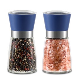 Vzaahu Salt and Pepper Grinder Set Blue - Refillable Small Seasalt & Peppercorn Shakers, Adjustable Coarseness, Ceramic Burr, Premium Glass Peppermill, Transparent Lid