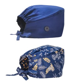 Aoolii Care - Gorra de trabajo con botones y banda para el sudor, ajustable, con lazo elástico, para mujeres y hombres, talla única, Plantas azul marino y azul, Talla única