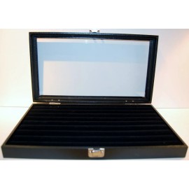 IntegrityBeforeRiches Wood Glass Top Ring Display Show Case with Black Velvet 8 Row Tufted Insert