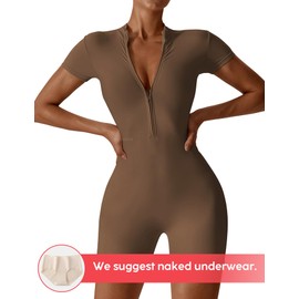 YEOREO Women Workout Jumpsuit Zip Up Short Sleeve Jumpsuit Bottom Pants Bodysuit Bodycon One Piece Romper Coffee XL