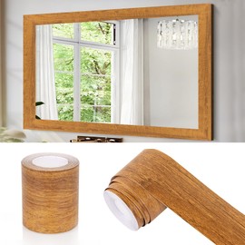 Brown Wooden Grain Mirror Border Peel and Stick Wallpaper, Self Adhesive Waterproof Wallpaper Mirror Frame Tape for Bathroom Decor, Peel and Stick Trim Removable Kitchen Wall Decor 1.96" x 236"