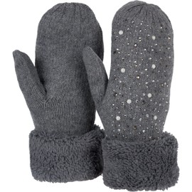styleBREAKER 09010039 Women's Warm Winter Knitted Mittens with Rhinestones and Pearls Thermal Fleece Knitted Gloves, gray
