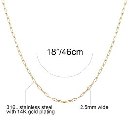 14K Gold/Silver Tone Stainless Steel Paperclip Link Chain Choker Necklace for Women Teen Girls, 2.5mm 4mm 5mm Wide Oval Rectangle Link Chain, Waterproof Never Tarnish (18", 2.5mm wide, 14K gold)