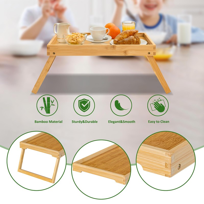 Kaukinye Bamboo Bed Tray Table with Foldable Legs, Breakfast Tray,
