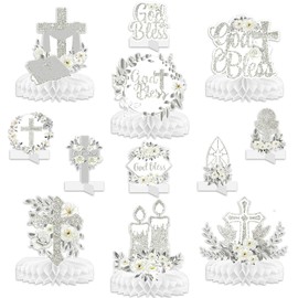Baptism Centerpieces for Tables: 12pcs Baptism Decorations First Communion Centerpieces for Tables God Bless Confirmation Decorations First Holy Communion Honeycomb Centerpieces