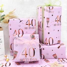 QRTDXP Rose Gold Gift Wrapping Paper Sheets for 40th Birthday,5pcs 50 * 70cm Large Birthday Paper, Pink Eco-friendly Gift Wrap Perfect for Wrapping Present or Flower for Girls Woman