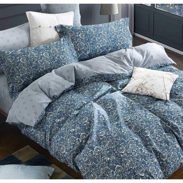 SLEEPBELLA Duvet Cover King, 600 Thread Count Cotton Blue & Green Paisley Floral Pattern Reversible Comforter Cover